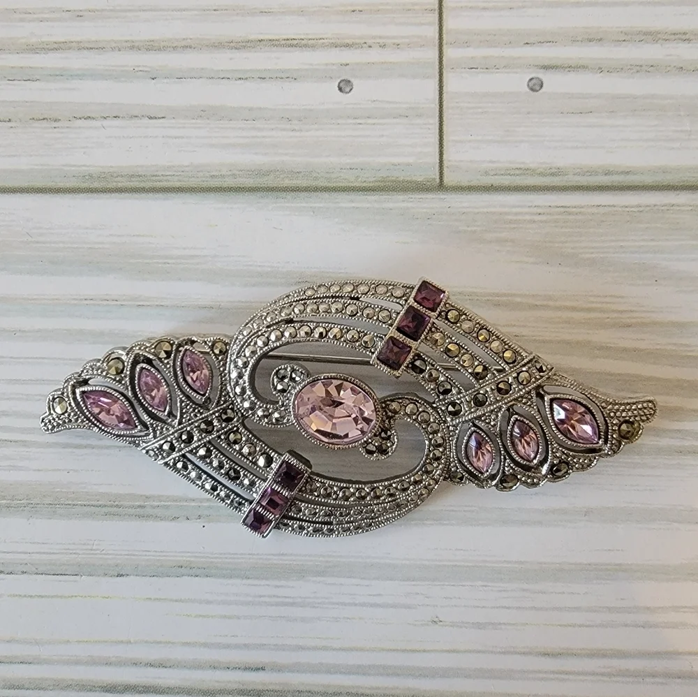 Vintage Pink Rhinestone Marcasite Style Brooch Art Deco Revival